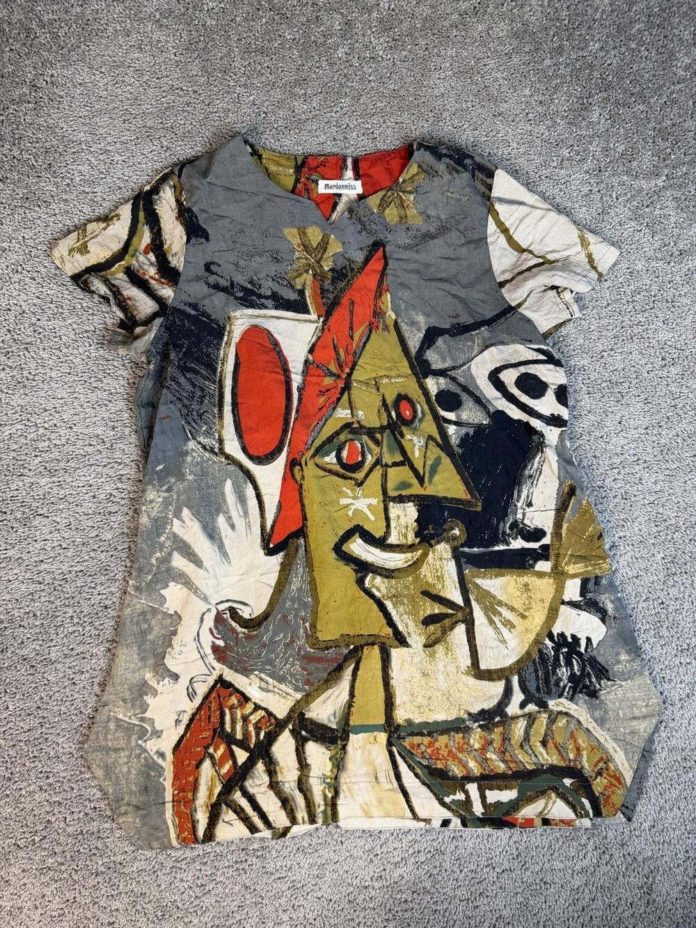 Mordenmiss Dress Womens L Multicolor Linen Shift Abstract Art Short Sleeve